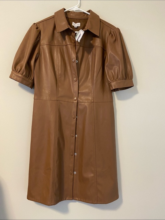 Kit + Sky Dresses & Skirts - Kit + Sky Tan Faux Leather Button-Front Dress